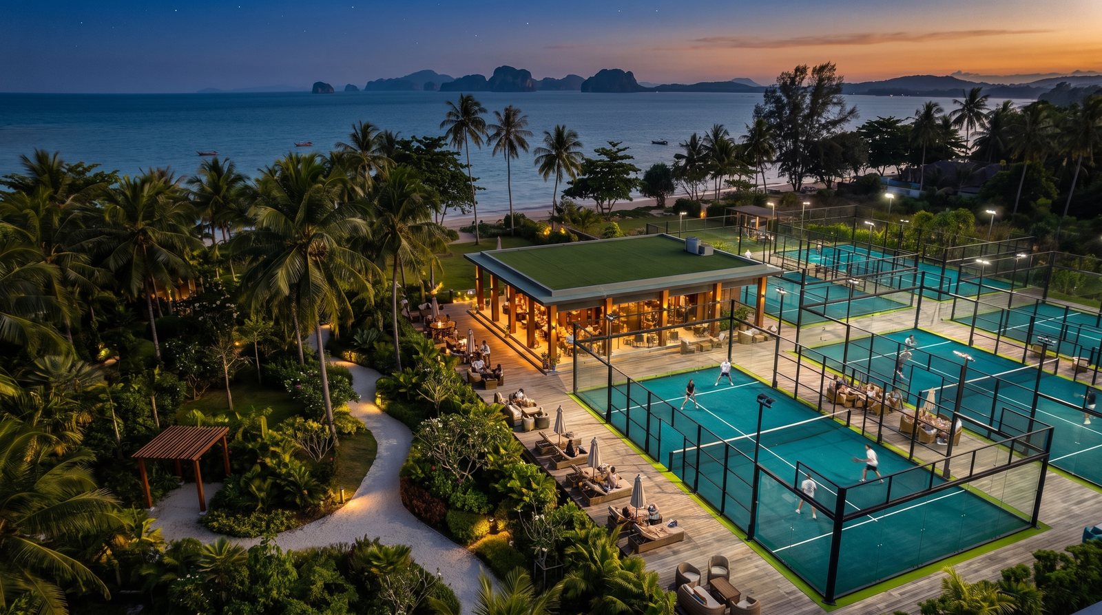 Вид сверху на Padel Garden вечером: освещённые корты, светящийся клубный дом, море и острова на горизонте