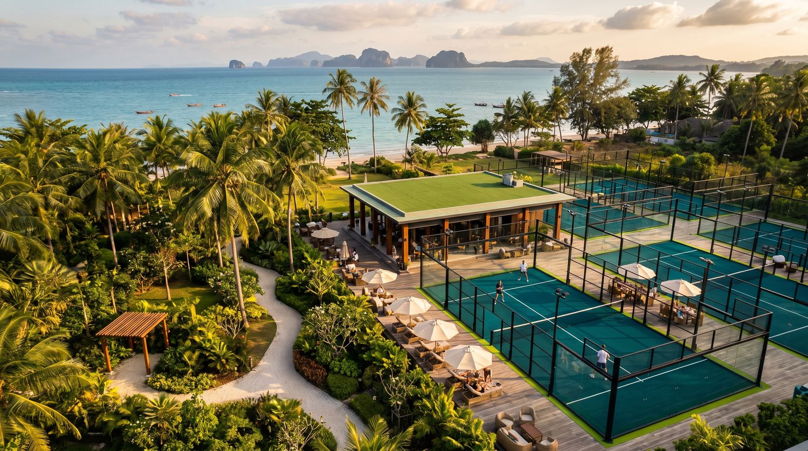 Padel Garden с высоты птичьего полёта: корты под вечерним солнцем, ресторан с зелёной кровлей, пальмы, за ними море и скалы