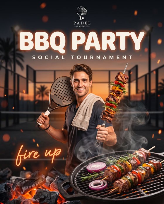 Афиша турнира BBQ Party: игрок с ракеткой и шампуром, мангал с углями и шашлыком
