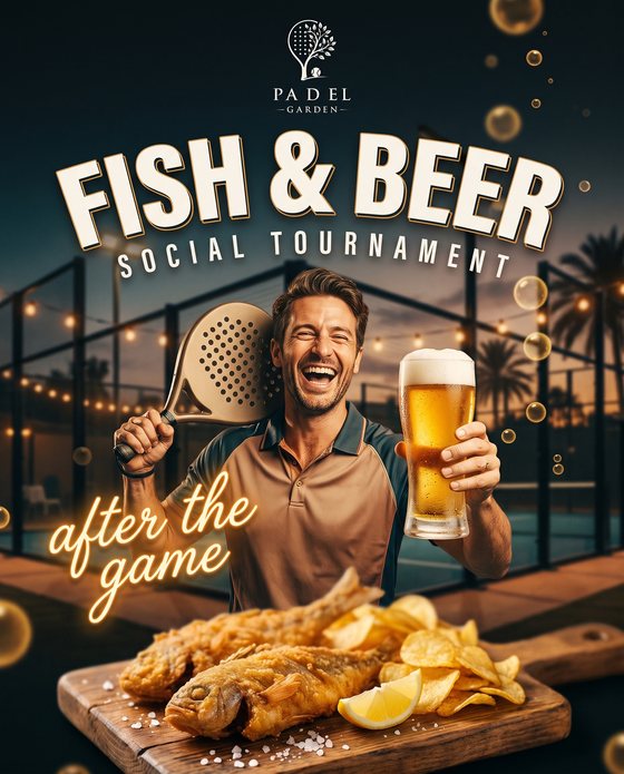 Афиша турнира Fish and Beer: игрок с ракеткой и бокалом пива, жареная рыба и чипсы на доске