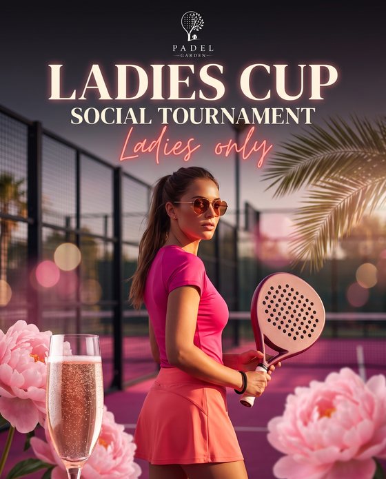 Афиша женского турнира Ladies Cup: девушка с падел-ракеткой, пионы и бокал игристого