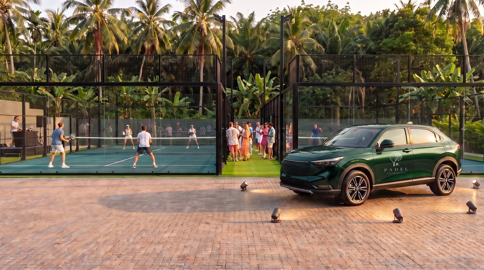 Автомобиль в фирменном зелёном цвете с логотипом Padel Garden на двери